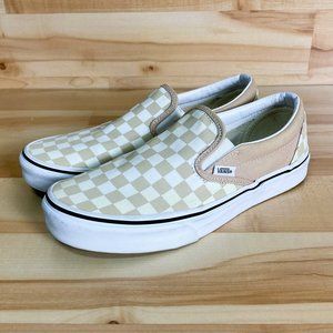 Vans Beige White Checkered Slip On, Slide On Shoes - Men's Size 7